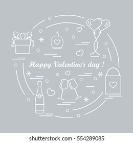Cute vector illustration: gifts, balloons, stemware, candle, bag, bottle with hearts and snowflakes arranged in a circle. Design for banner, flyer, poster or print.