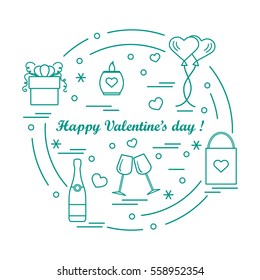 Cute vector illustration: gifts, balloons, stemware, candle, bag, bottle with hearts and snowflakes arranged in a circle. Design for banner, flyer, poster or print.