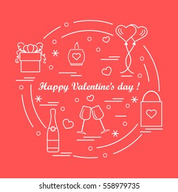 Cute vector illustration: gifts, balloons, stemware, candle, bag, bottle with hearts and snowflakes arranged in a circle. Design for banner, flyer, poster or print.