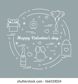 Cute vector illustration: gifts, balloons, stemware, candle, bag, bottle with hearts and snowflakes arranged in a circle. Design for banner, flyer, poster or print.