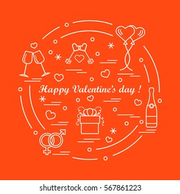 Cute vector illustration: gifts, balloons, stemware, keys, gender symbols, bottle with hearts and snowflakes arranged in a circle. Design for banner, flyer, poster or print.