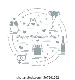 Cute vector illustration: gifts, balloons, stemware, keys, gender symbols, bottle with hearts and snowflakes arranged in a circle. Design for banner, flyer, poster or print.