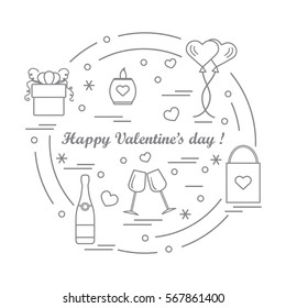 Cute vector illustration: gifts, balloons, stemware, candle, bag, bottle with hearts and snowflakes arranged in a circle. Design for banner, flyer, poster or print.
