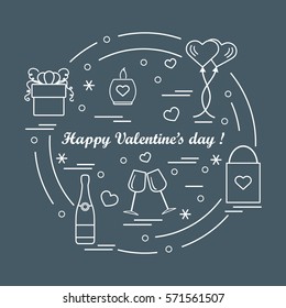Cute vector illustration: gifts, balloons, stemware, candle, bag, bottle with hearts and snowflakes arranged in a circle. Design for banner, flyer, poster or print.