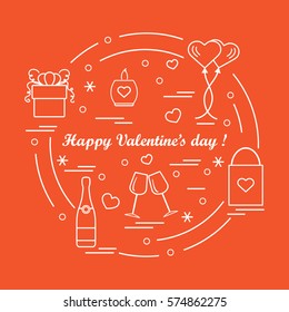 Cute vector illustration: gifts, balloons, stemware, candle, bag, bottle with hearts and snowflakes arranged in a circle. Design for banner, flyer, poster or print.