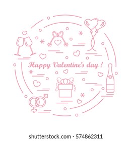 Cute vector illustration: gifts, balloons, stemware, keys, gender symbols, bottle with hearts and snowflakes arranged in a circle. Design for banner, flyer, poster or print.