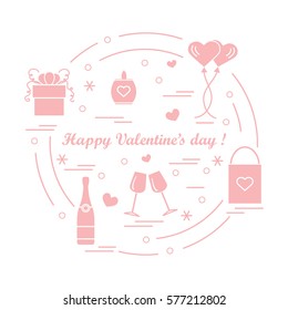 Cute vector illustration: gifts, balloons, stemware, candle, bag, bottle with hearts and snowflakes arranged in a circle. Design for banner, flyer, poster or print.