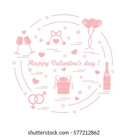 Cute vector illustration: gifts, balloons, stemware, keys, gender symbols, bottle with hearts and snowflakes arranged in a circle. Design for banner, flyer, poster or print.