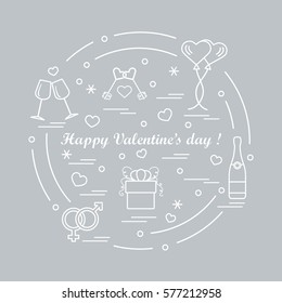 Cute vector illustration: gifts, balloons, stemware, keys, gender symbols, bottle with hearts and snowflakes arranged in a circle. Design for banner, flyer, poster or print.