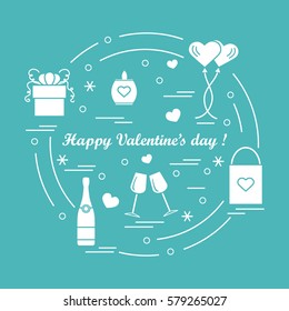 Cute vector illustration: gifts, balloons, stemware, candle, bag, bottle with hearts and snowflakes arranged in a circle. Design for banner, flyer, poster or print.