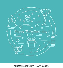 Cute vector illustration: gifts, balloons, stemware, keys, gender symbols, bottle with hearts and snowflakes arranged in a circle. Design for banner, flyer, poster or print.