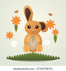 Ilustração vetorial bonita de um gato de gengibre sentado em um prado de primavera cercado por margaridas coloridas e flores laranja.