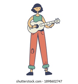 Cute vector illustration. Girl with acoustic guitar. Music notes.