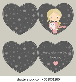 Cute vector illustration of girl with cat. Love, Valentine's Day Greeting card
