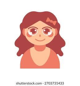 Linda Ilustración vectorial de la cara de la niña con el pelo rojo (marrón) y lazo rojo en estilo plano. Un avatar infantil sencillo y amigable. Ideal para materiales educativos, iconos de perfil, App, materiales para niños