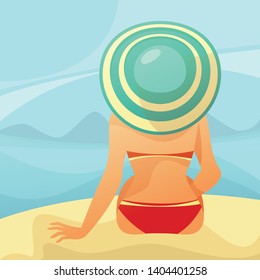 Cute vector illustration. The girl in a hat and bikini looks at the sea and mountains. Cartoon style