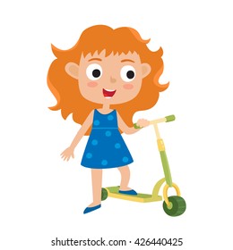 Cute vector illustration of girl having fun outside. Happy kid stand with kick scooters outdoors. Summer break, girl in dress having free time playing isolated on white background. Happy child.