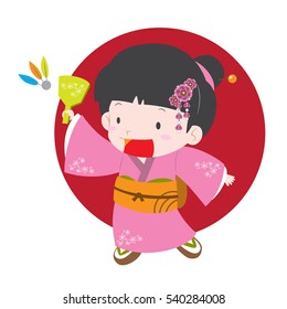 Cute vector illustration of a girl in kimono (japanese traditional cloth) playing traditional badminton. Can be use for new year greeting card or post card