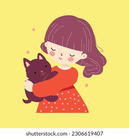 Cute vector illustration, girl and kitten