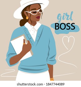 Cute Vector Illustration With A Girl. Portrait Of A Beautiful Girl. Lady Boss