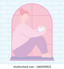 Cute vector illustration of a girl sitting on a windowsill and drinking tea. Cartoon drawing of a young woman, window and brick wall.