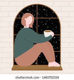 Cute vector illustration of a girl sitting on a windowsill and drinking tea. Cartoon drawing of a young woman, outside the window night and stars on a background of a brick wall