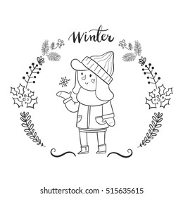 Cute vector illustration of a girl and a snowflake surrounded with a wreath and word Winter on top