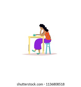 Cute vector illustration with a girl at the table. Cartoon character-a girl in a cafe. A simple sketch.
