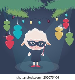Cute vector illustration of a girl wearing a sheep costume at a Christmas pantomime standing under a Christmas tree decorated with ornaments and lights