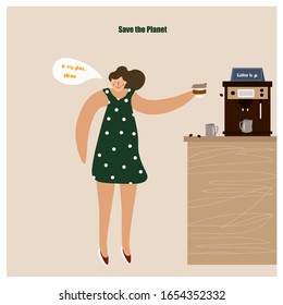 Cute vector illustration with a girl who buys coffee in her glass
