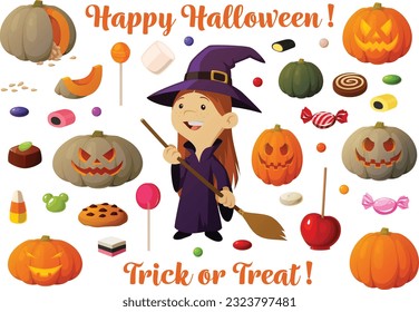 Cute vector illustration of a girl in a witch costume and various pumpkins or jack'o Lanterns and different kinds of candy.