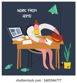 Cute vector illustration with a girl working from home