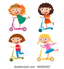 Cute vector illustration of girls on scooter having fun outside. Happy kids riding kick scooters outdoors. Summer break, stylish girls having free time playing isolated on white background. 