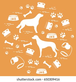 Cute vector illustration goods to care for dogs arranged in a circle.  Health care, vet, nutrition, exhibition. Design for banner, poster or print.