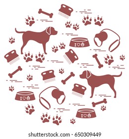 Cute vector illustration goods to care for dogs arranged in a circle.  Health care, vet, nutrition, exhibition. Design for banner, poster or print.