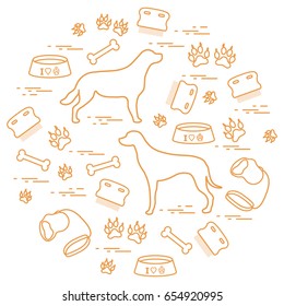 Cute vector illustration goods to care for dogs arranged in a circle.  Health care, vet, nutrition, exhibition. Design for banner, poster or print.