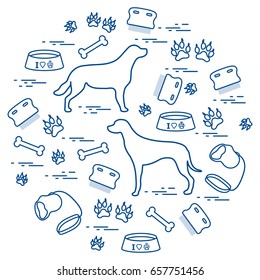Cute vector illustration goods to care for dogs arranged in a circle.  Health care, vet, nutrition, exhibition. Design for banner, poster or print.