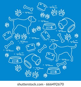 Cute vector illustration goods to care for dogs arranged in a circle.  Health care, vet, nutrition, exhibition. Design for banner, poster or print.