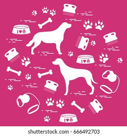 Cute vector illustration goods to care for dogs arranged in a circle.  Health care, vet, nutrition, exhibition. Design for banner, poster or print.