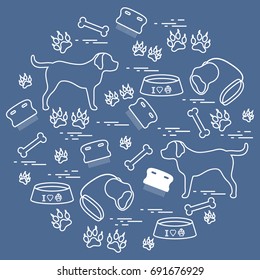 Cute vector illustration goods to care for dogs arranged in a circle.  Health care, vet, nutrition, exhibition. Design for banner, poster or print.