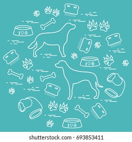 Cute vector illustration goods to care for dogs arranged in a circle.  Health care, vet, nutrition, exhibition. Design for banner, poster or print.