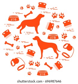 Cute vector illustration goods to care for dogs arranged in a circle.  Health care, vet, nutrition, exhibition. Design for banner, poster or print.