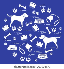 Cute vector illustration goods to care for dogs arranged in a circle.  Health care, vet, nutrition, exhibition. Design for banner, poster or print.