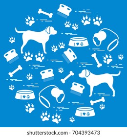 Cute vector illustration goods to care for dogs arranged in a circle.  Health care, vet, nutrition, exhibition. Design for banner, poster or print.