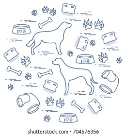 Cute vector illustration goods to care for dogs arranged in a circle.  Health care, vet, nutrition, exhibition. Design for banner, poster or print.