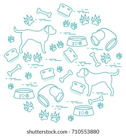 Cute vector illustration goods to care for dogs arranged in a circle.  Health care, vet, nutrition, exhibition. Design for banner, poster or print.