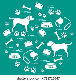 Artigos de ilustração vetorial bonito para cuidar de cães dispostos em um círculo.  Saúde, veterinário, nutrição, exposição. Design para banner, cartaz ou impressão.