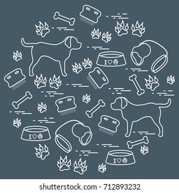Cute vector illustration goods to care for dogs arranged in a circle.  Health care, vet, nutrition, exhibition. Design for banner, poster or print.