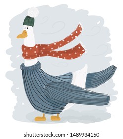 Cute vector illustration of a goose wearing knitted sweater, scarf and hat in winter time. Graphic elements for kids design. Childish hand drawn cartoon goose for Christams greeting card, poster.