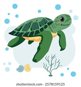 Cute vector illustration with a green sea turtle.